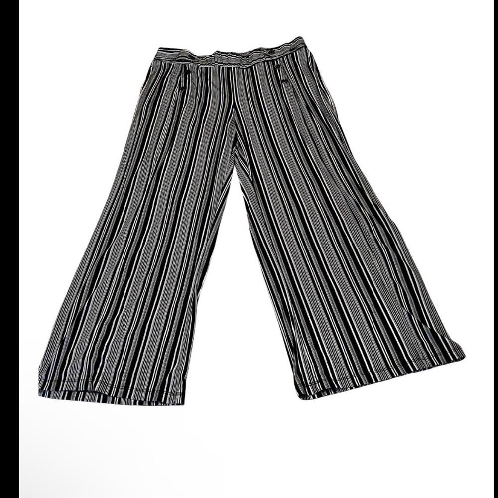 Robert Louis Women’s XL Wide Leg Pants Black White Striped Pull On Casual